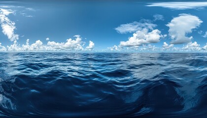 Fototapeta premium Endless horizon of vibrant blue sky and tranquil ocean waves under fluffy clouds