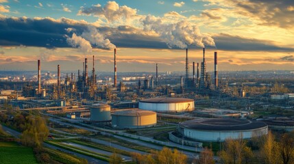 Obraz premium An expansive industrial area illuminated by the warm glow of a setting sun