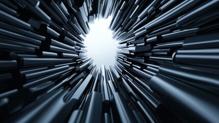 A dynamic, abstract representation of light beams or particles rushing towards a central point, creating a sense of depth and motion.