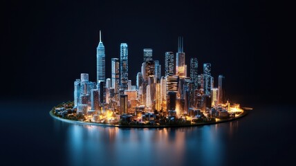 Naklejka premium A futuristic city skyline at night, featuring illuminated skyscrapers reflecting on water, creating a vibrant, modern urban landscape.