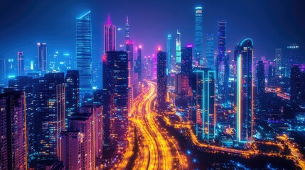 Fototapeta premium A futuristic cityscape rendered in neon colors, with glowing skyscrapers and luminous roads creating a dazzling night scene