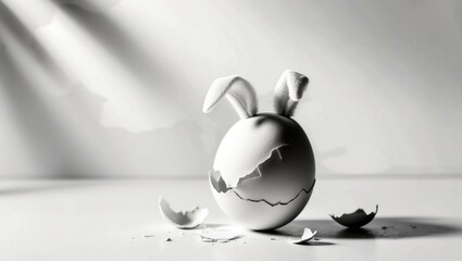A black-and-white photo made in a minimalist style, which shows a cracked egg with two charming rabbit ears.