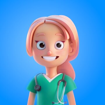 3D cartoon female doctor character. Friendly blond Medical intern wearing wearing green scrubs. 3d cartoon style illustration on white background