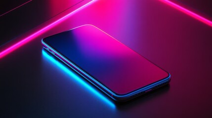 Hyperrealistic modern smartphone on reflective black surface with neon lighting.