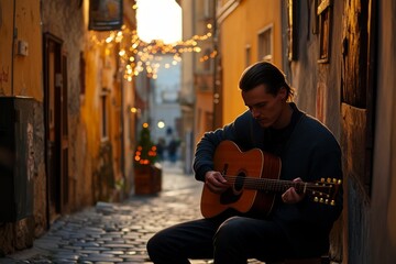 Street musician playing guitar in narrow European alley at golden hour.