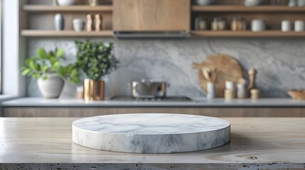 Podium White marble podium on a light wooden surface in a blurred kitchen background.