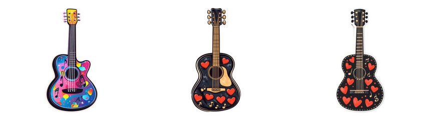 Obraz premium Colorful cartoon guitars with hearts ideal for children’s book illustrations or music event posters