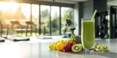 Green smoothie with fruits and vegetables on clean countertop with gym background