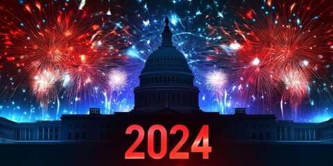 Patriotic Capitol building silhouette with fireworks and bold 2024