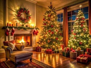 Long Exposure of a Christmas Tree Surrounded by Family Celebrations in a Cozy Living Room