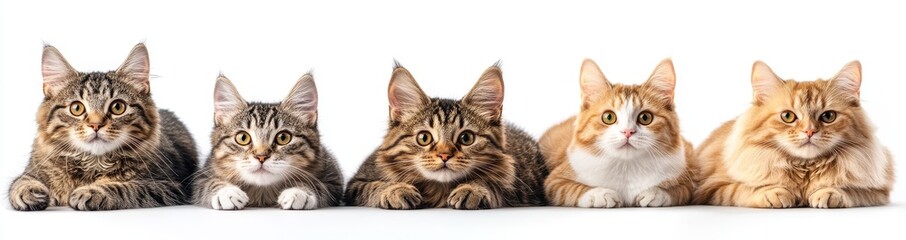 Obraz premium Five adorable cats of different colors are lying on a white background, looking at the camera.