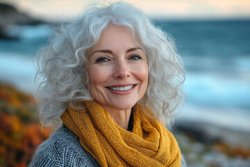Portrait in the beach of a pleased 50 years old woman in fall. Lifestyle portrait photography of a satisfied woman in her 50s against a beach background.