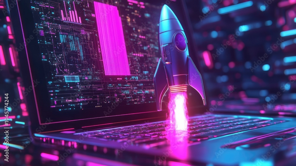 Aufkleber a digital laptop with a space rocket emerging from the screen, representing creative technology and 