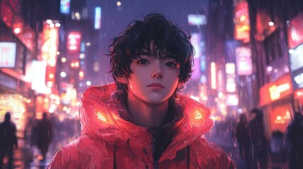 A young person in a red jacket stands in a vibrant, rainy cityscape at night.