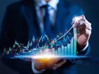 The analysis includes a financial growth graph, market investment analysis, financial business plan, earnings, sales, and strategy, as well as stock market charts 