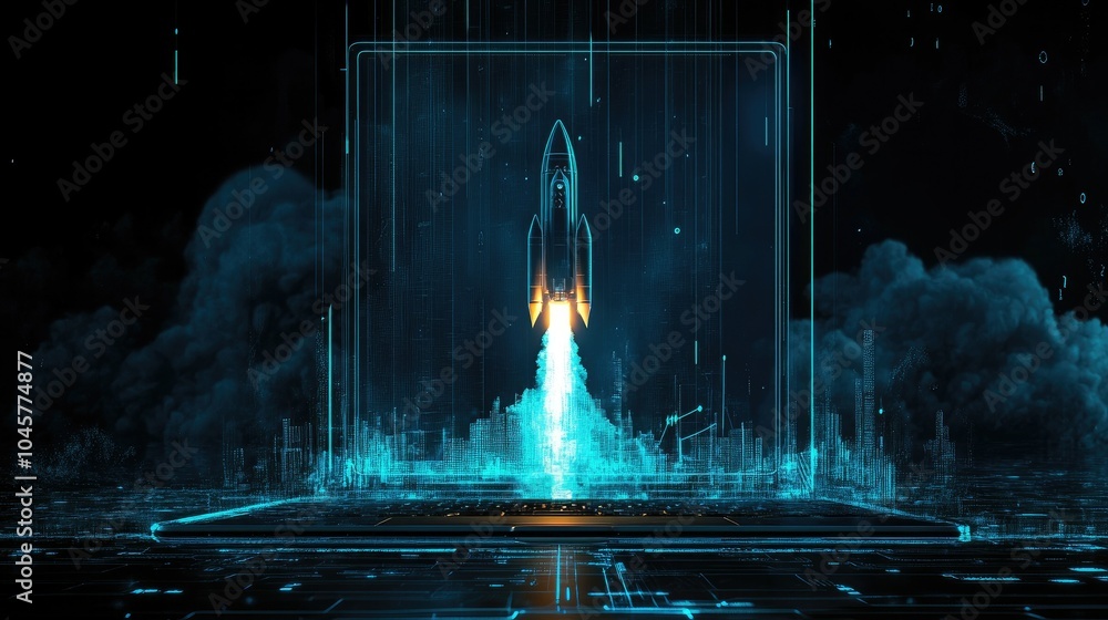 Poster a futuristic concept of a space rocket launching from a laptop screen, symbolizing innovative ideas 