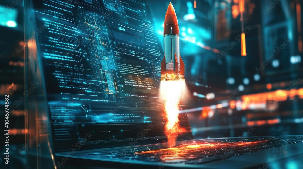 Poster a futuristic concept of a space rocket launching from a laptop screen, symbolizing innovative ideas 