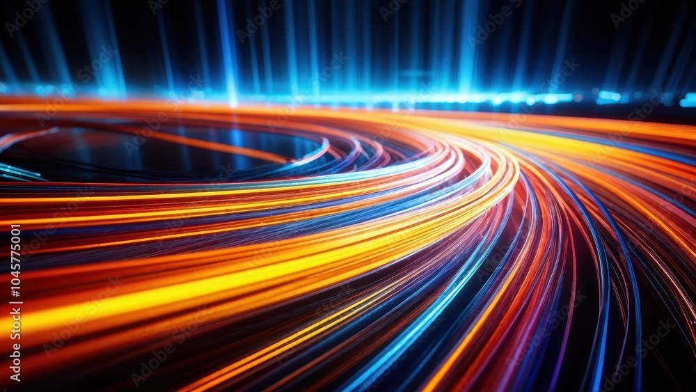 Poster a dynamic swirl of vibrant light trails, representing speed and motion in a futuristic style.