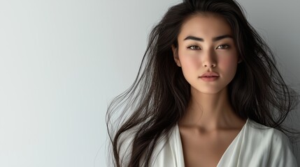 Naklejka premium Natural Portrait of an Asian Woman with Flowing Hair in Soft Lighting