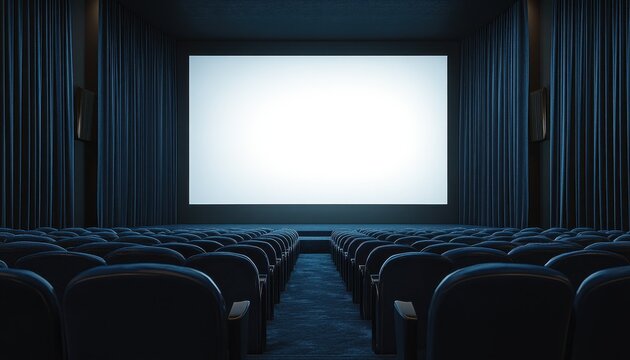 Empty cinema interior featuring a blank screen illuminated in blue tones