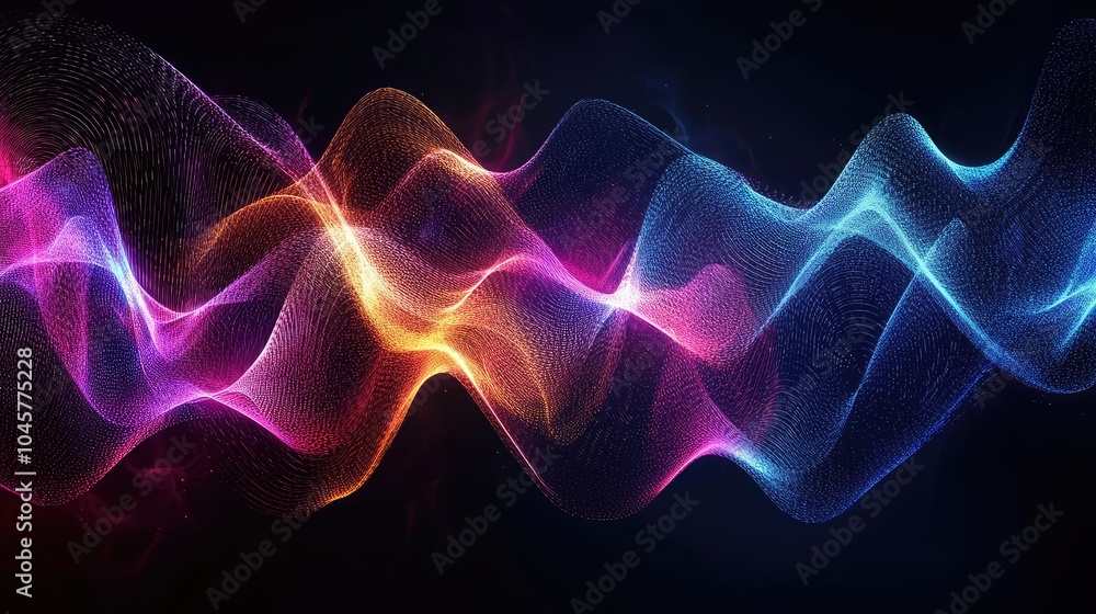 Poster an abstract digital representation of sound waves in neon colors, pulsating rhythmically against a d