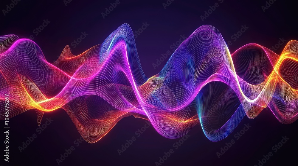 Poster an abstract digital representation of sound waves in neon colors, pulsating rhythmically against a d