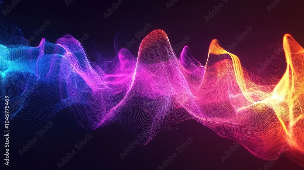 Poster an abstract digital representation of sound waves in neon colors, pulsating rhythmically against a d