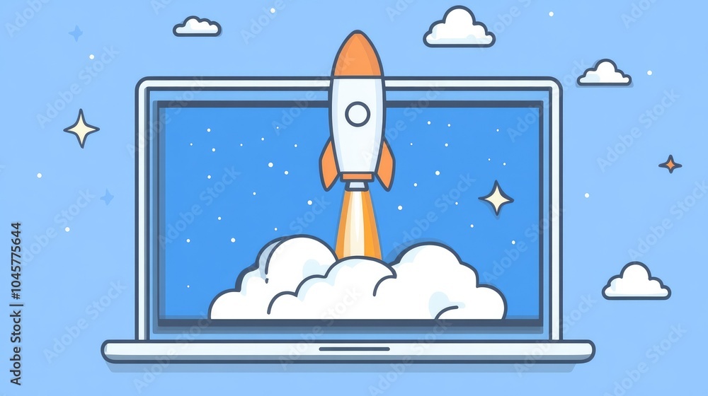 Aufkleber a laptop screen with a space rocket launching into space, visualizing the fusion of technology and c