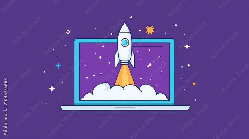 Aufkleber a laptop screen with a space rocket launching into space, visualizing the fusion of technology and c