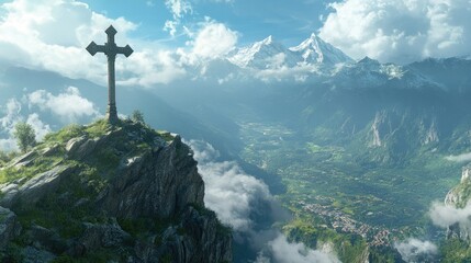 A large cross at the top of a mountain, overlooking a valley and symbolizing perseverance, faith, and achievement
