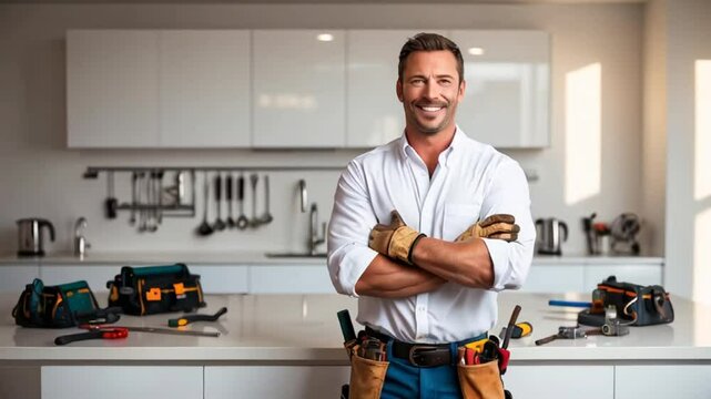 smiling male plumber in the kitchen