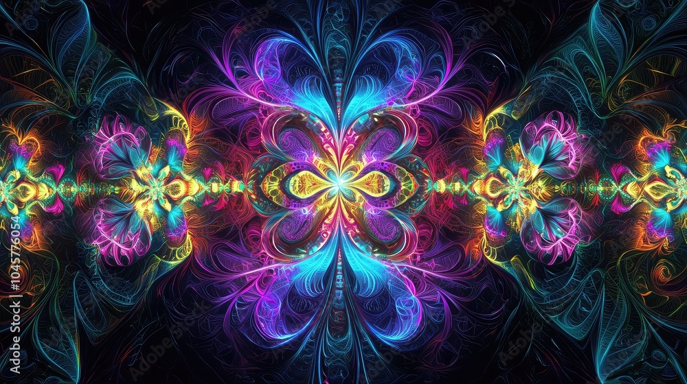 Poster an intricate neon fractal pattern, glowing in vivid colors and creating an infinite visual depth aga