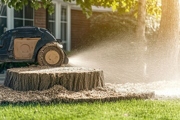 Stump grinder machine is grinding a tree stump in a garden, creating wood chips.