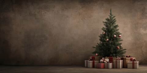 A Christmas tree surrounded by gifts, against the background of an old wall with texture and painted in muted tones