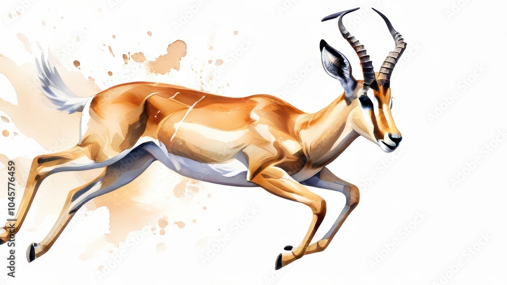 Poster a dynamic illustration of a running antelope with a splash of color in the background.