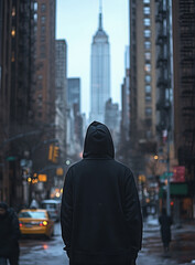 Fototapeta premium photo and focus of the back of a man wearing a black hoodie in the city 