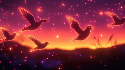 Fototapeta premium Silhouettes of birds in flight, outlined in neon orange and pink against a twilight sky filled with glowing stars