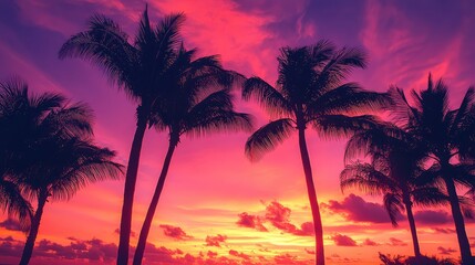 Silhouettes of palm trees against a vibrant neon sunset, glowing in shades of pink, orange, and purple