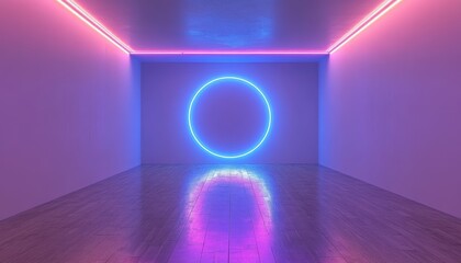 A vibrant neon circle illuminates a modern room with a reflective floor at night