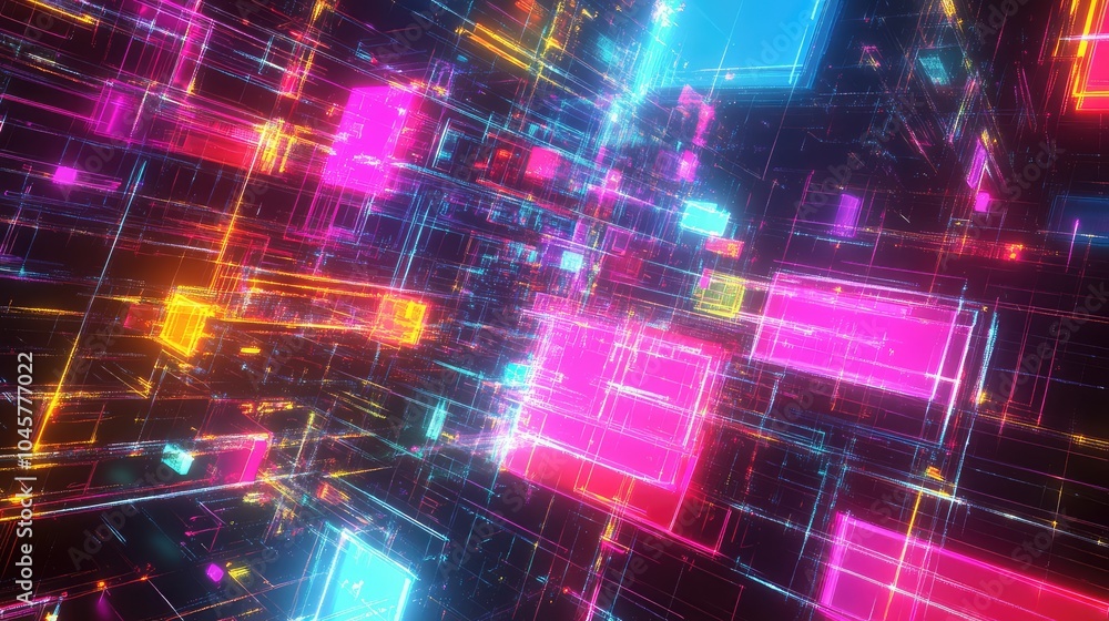 Poster a bold neon grid design with glowing squares and rectangles, creating a digital landscape filled wit