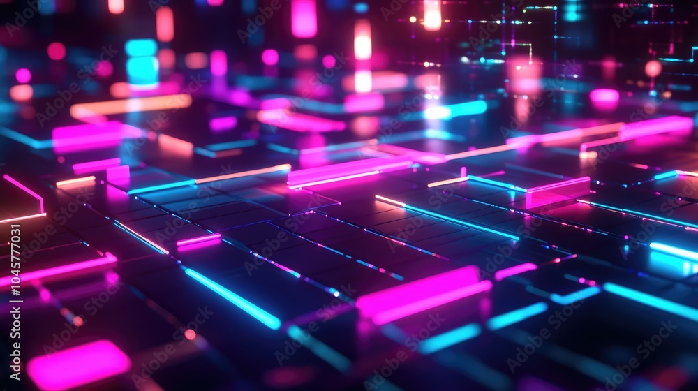 Poster a bold neon grid design with glowing squares and rectangles, creating a digital landscape filled wit