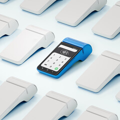 Contactless payment by credit card banking empty screen through the terminal 3d rendering on isolated white backround.