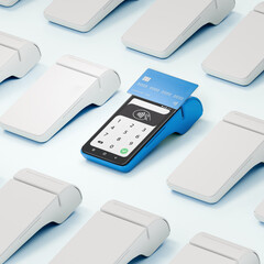 Contactless payment by credit card banking empty screen through the terminal 3d rendering on isolated white backround.