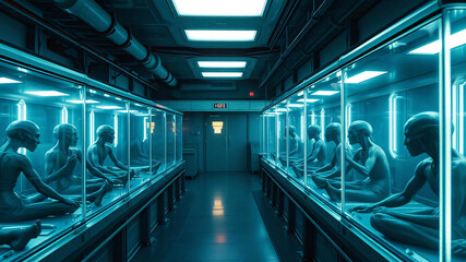 Fototapeta premium Alien science lab with state-of-the-art technology Inside the room were many humans who had been locked in glass cabinets.