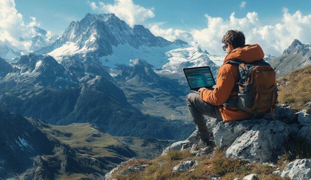 Digital nomad lifestyle with person working on mountain exploring remote work possibilities concept of adventure remote working
