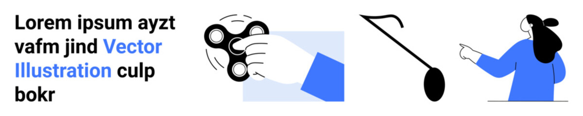 Three minimalistic objects on white background include text, hand holding spinner, abstract line, and person. Ideal for modern design, creativity, abstract art, minimalist style, advertising. Banner
