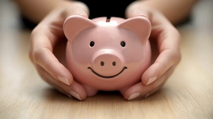 Hands holding a smiling piggy bank