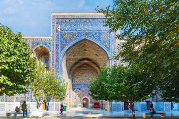 Samarkand, Uzbekistan - October. 10. 2024: The courtyard of one of the madrasahs on Registan Square