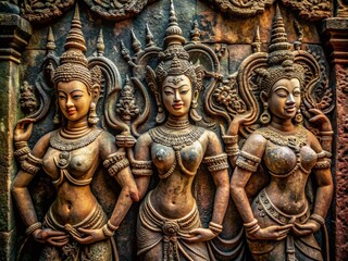 Fototapeta premium Low Light Photography of Dancing Apsaras Bas Relief in Angkor Thom - Capturing Ancient Artistry in Dim Light