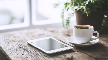 Cozy coffee break with tablet on rustic wooden table